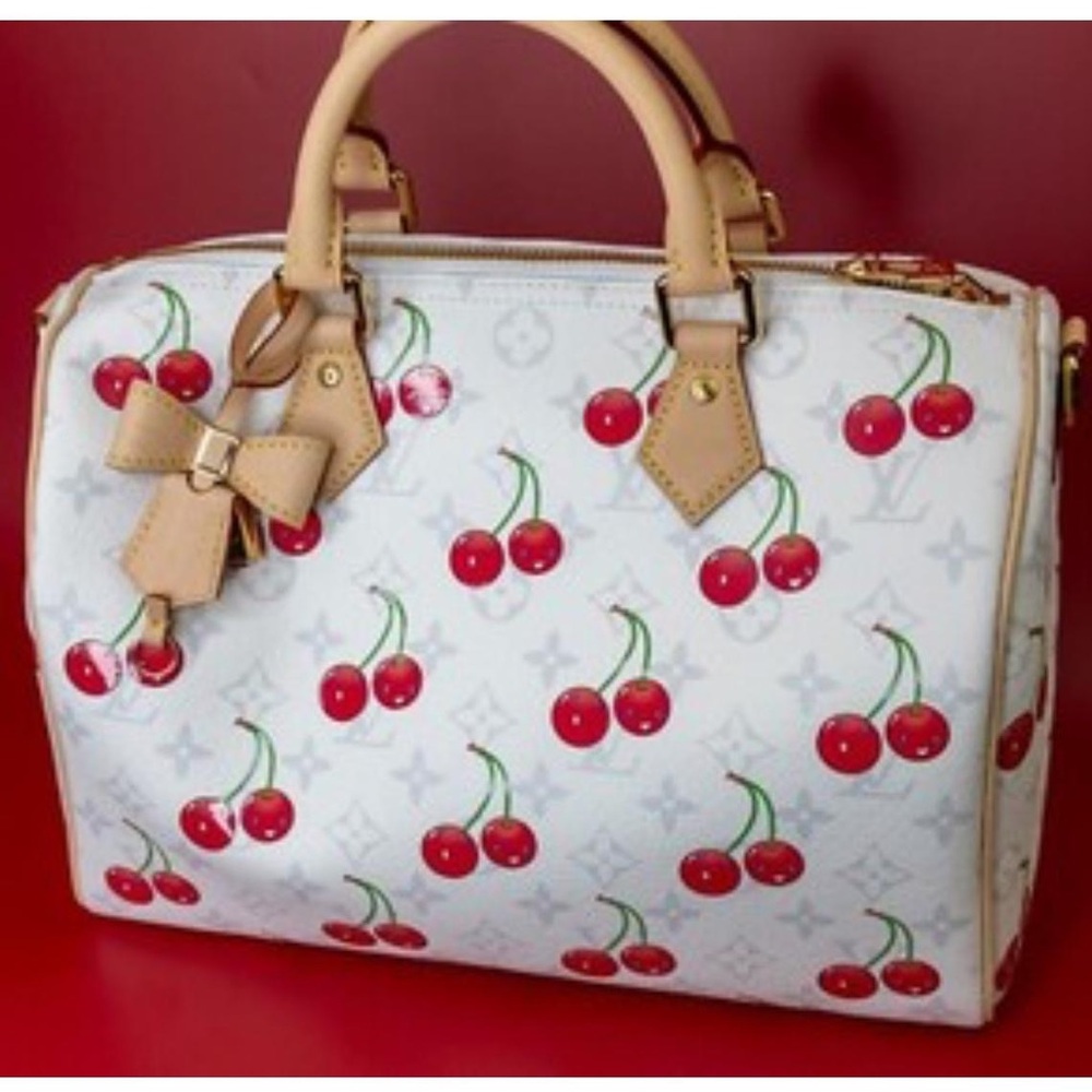 White Cherry-Print Satchel with Tan Trim